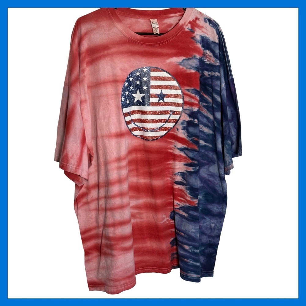 M&O Gold Red Blue Tie Dye American Flag Smiley Face Graphic Tee Shirt 3XL